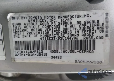 2003 Toyota Camry Le from USA, damaged, VIN 4T1BE32K53U144792